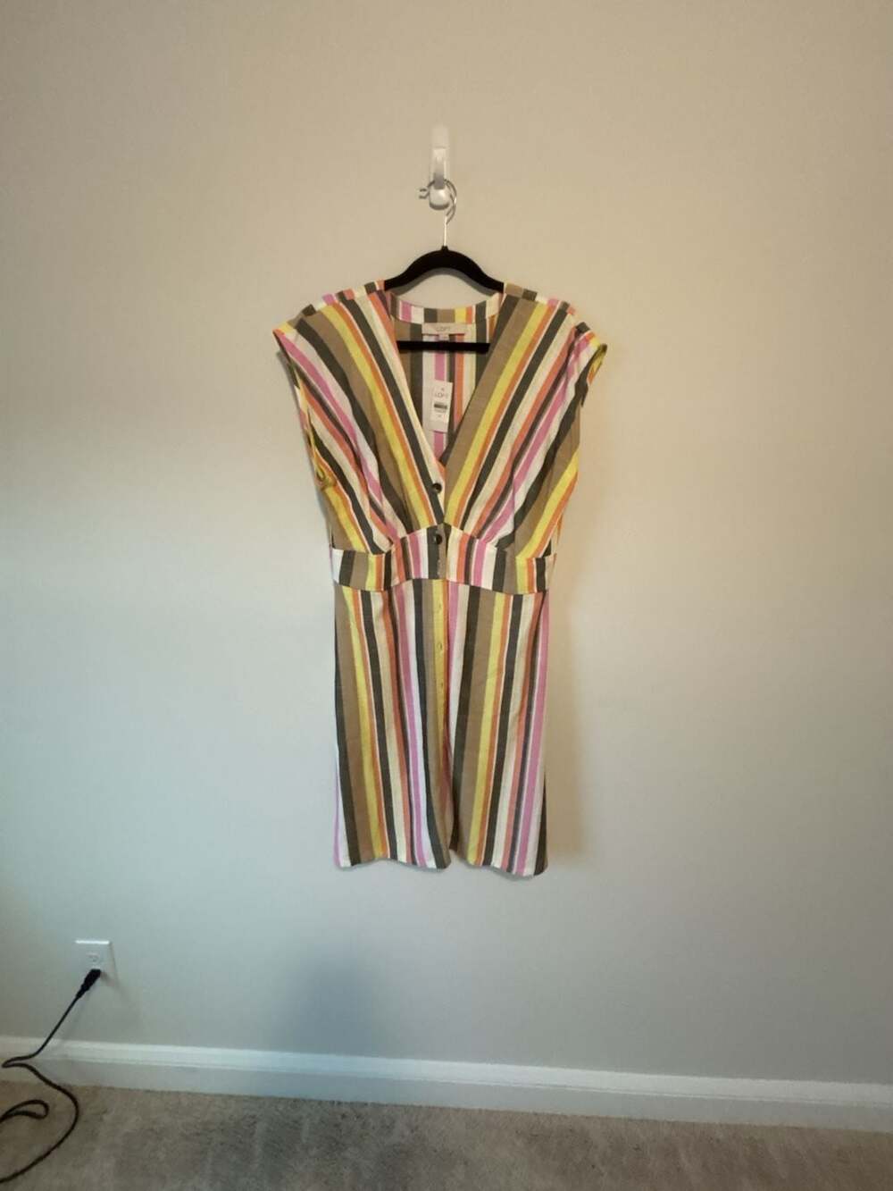 LOFT Striped V-Neck Button Front Sleeveless Mini Dress Size 12 New With Tags